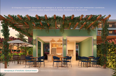 Espaço Festas Gourmet integrado à área de piscina