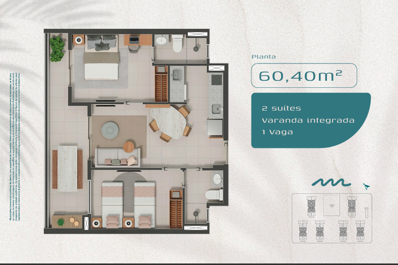 Planta 60,40 m² — 2 suítes
