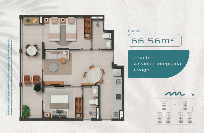 Planta 66,56 m² — 2 suítes