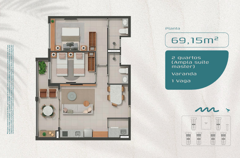Planta 69,15 m² — 2 quartos (ampla suíte master)