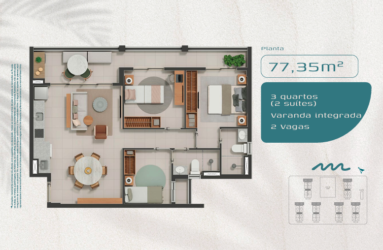 Planta 77,35 m² — 3 quartos (2 suítes)